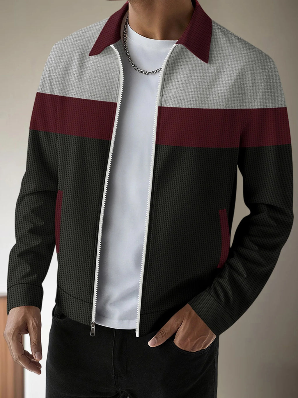 Men s Casual Lapel Collar Zip Up Jacket with Patchwork Design Pockets and Stylish Outerwear for Fall Fashion
