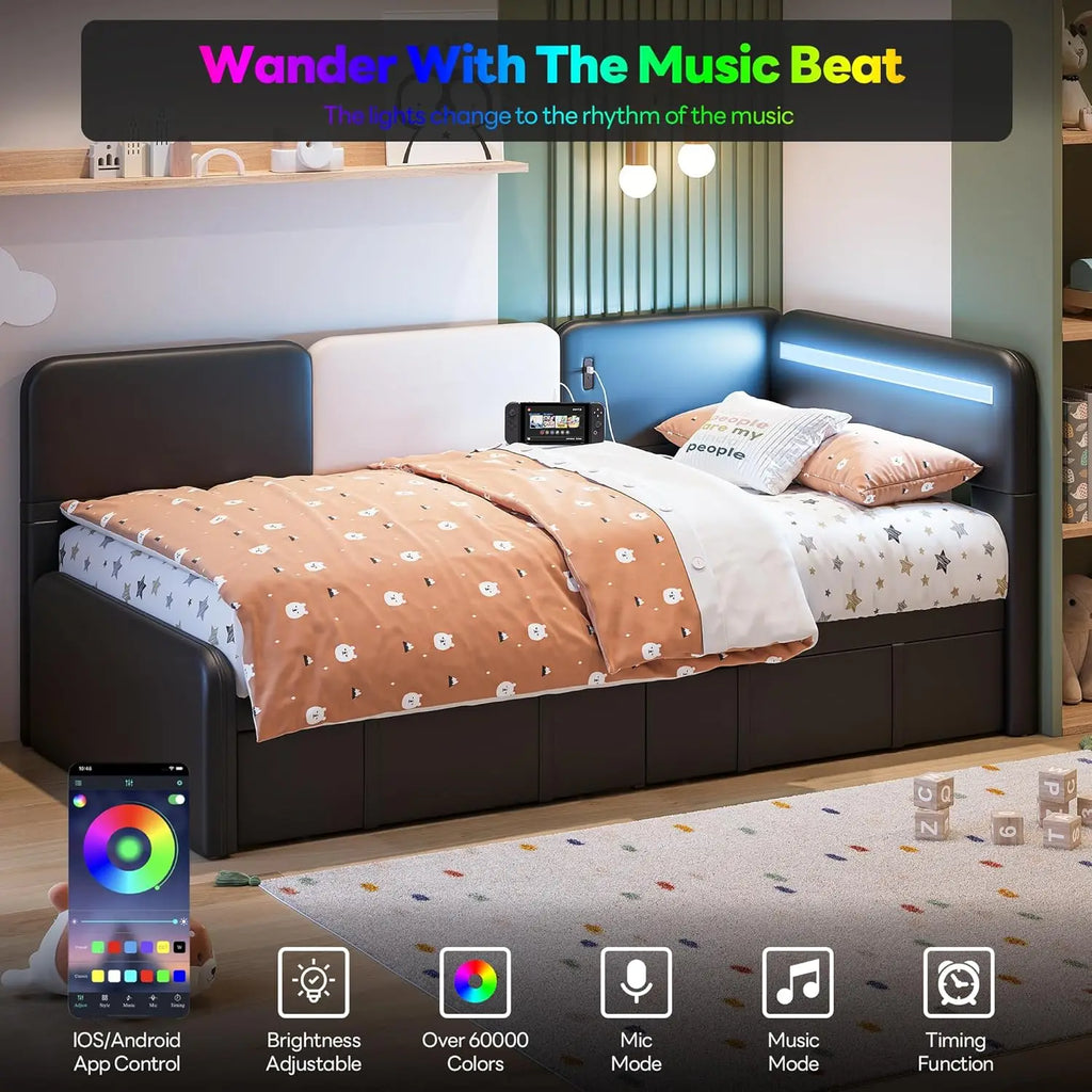 LIKIMIO Daybed with Storage, Twin Day Bed Frame with Drawers, Charging Station & LED, Sofa Bed with Strong Supports for Bedroom