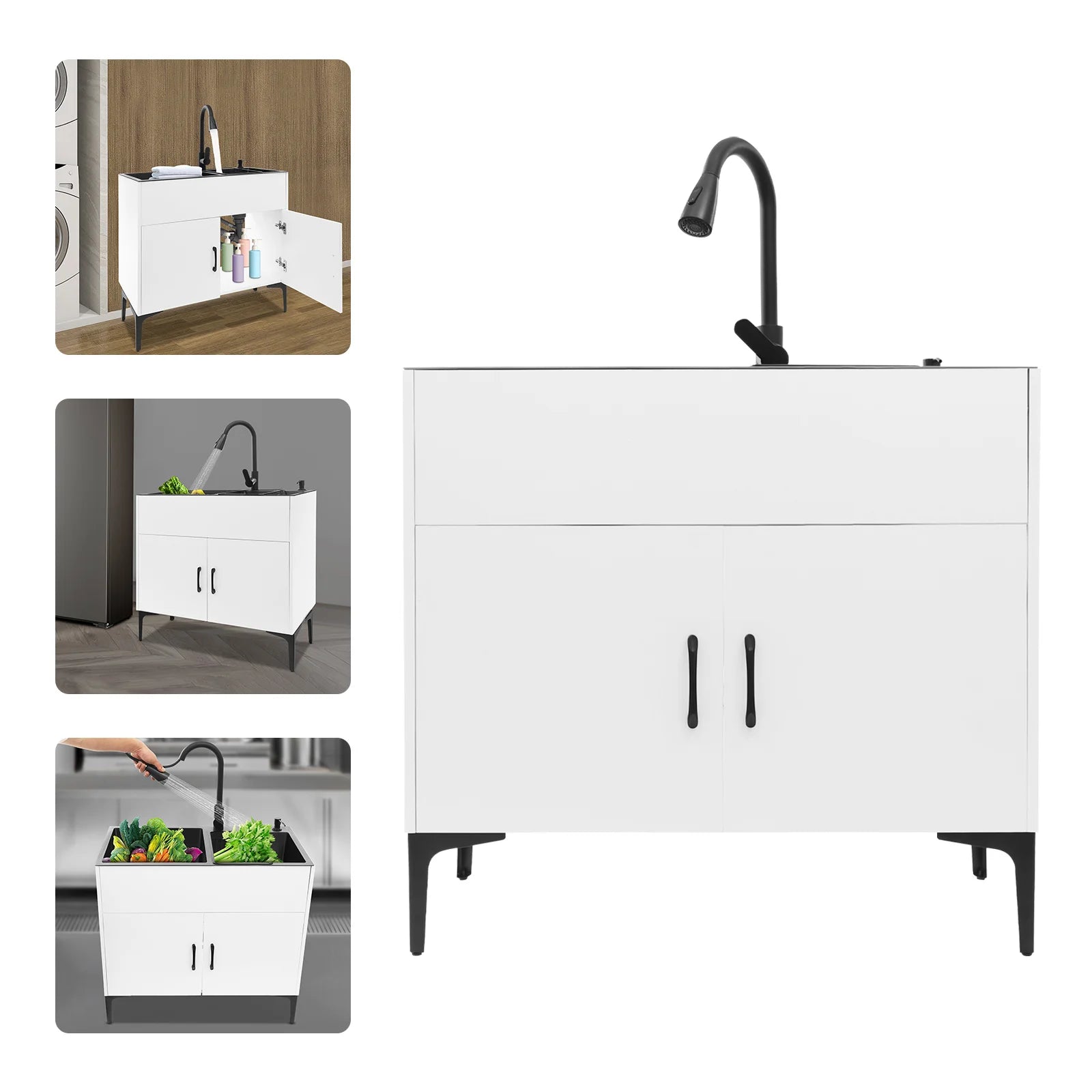 Laundry Sink with Cabinet Sink with Pull-Out Faucet and Cabinet Freestanding Kitchen Sink