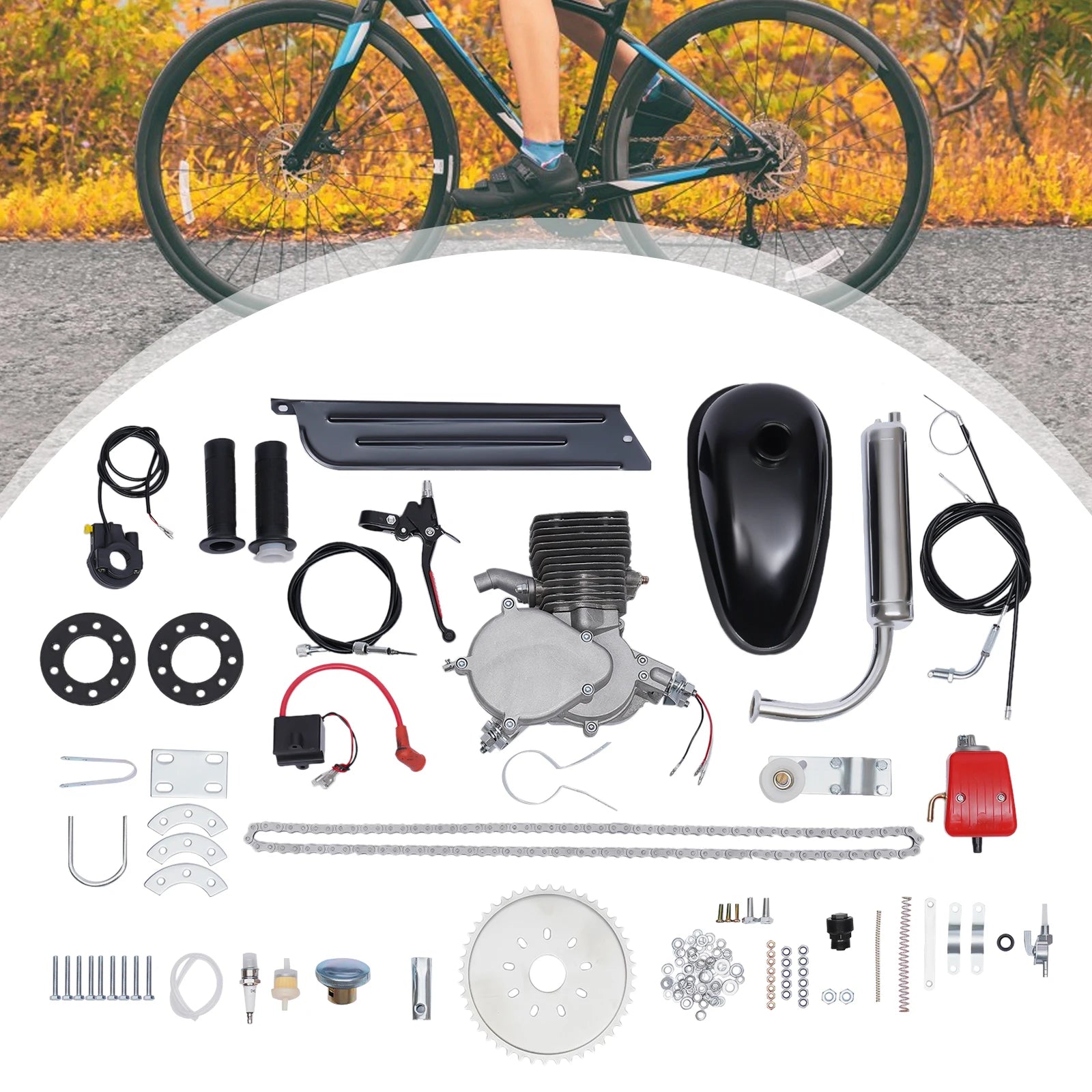 2-Stroke 100cc Bicycle Gasoline Engine Kit,36/44 Teeth Gas Motor,Petrol Engine W/ Air-Cooling System for Most 26" Or 28" Bike