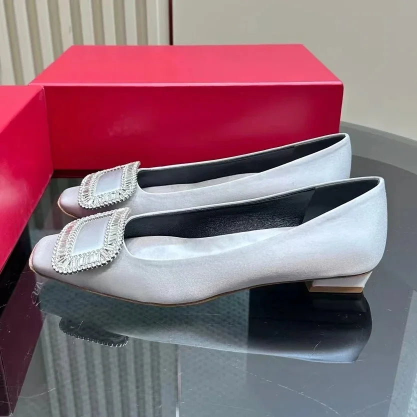 Classic Red Color Shoes For Wedding Top Version Silk Square-Toe Shallow Woman Flats Mary Janes Ballet Dance Shoes Banquet Flats