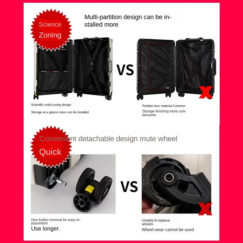 Suitcase Aluminum Frame 20 inch Carrier Trolley Case Removable Universal Wheels 22-30 inch Large Capacity Travel Suitcases