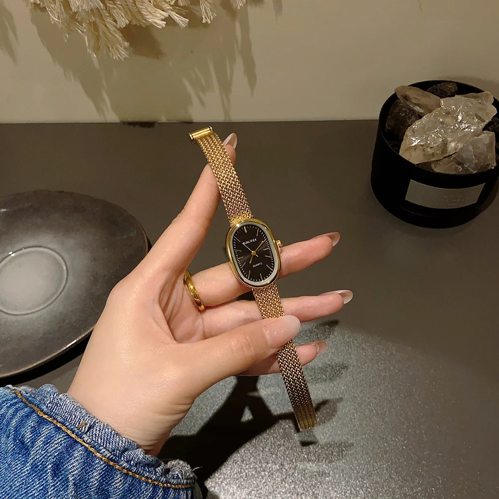 Gold Watches for Women Vintage Bracelet Wrist Watch Luxury Small Ladies Oval Quartz Watch