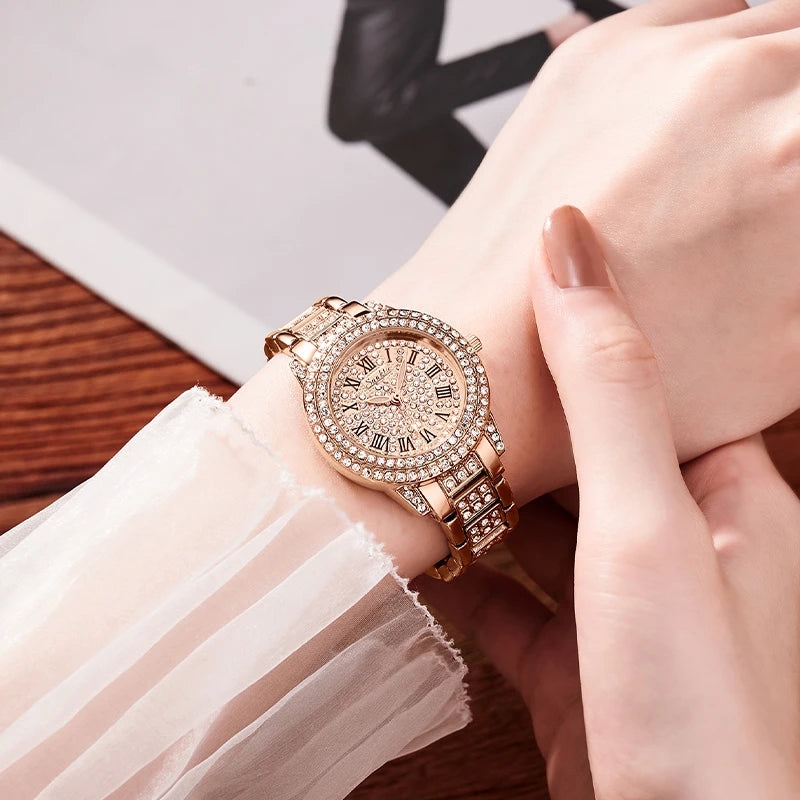 SUNKTA Women Wristwatches Relojes Para Mujer Luxury Classic Golden Watch Women Alloy Strap Round Rhinestone Dail Quartz Watches
