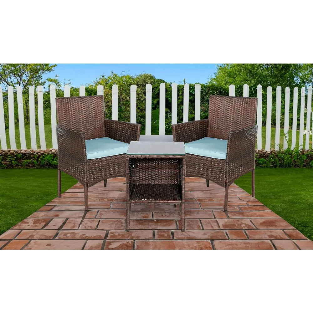 Space-Saving Outdoor Wicker 3-Piece Bistro Set with Cushions for Patio, Garden, and Porch