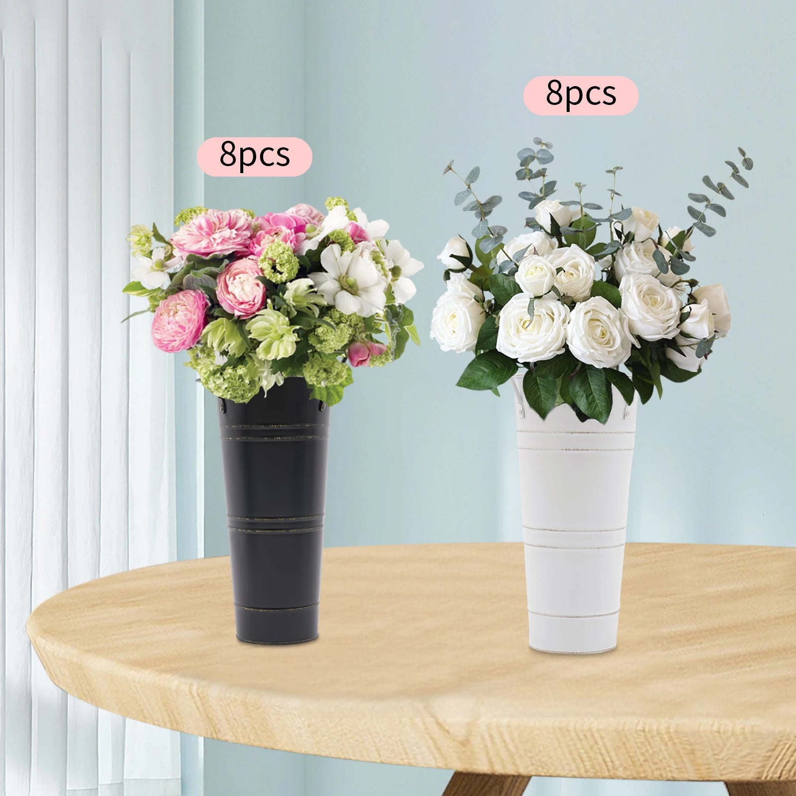 8PCS Black/White Galvanized Metal Flower Bucket Vases Metal Vases, Flower Vases For Flower Arrangements, Fresh/Dried Flowers