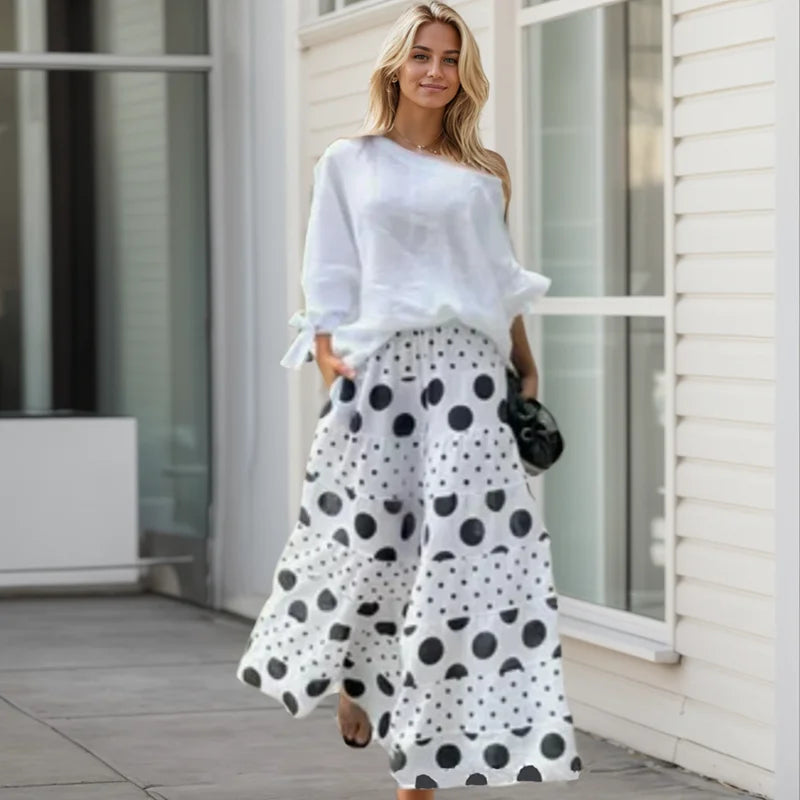 Casual Suit Set For Women Solid Color Nine-quarter Sleeve Slant Collar T-Shirt Women Two Piece Sets Loose Polka Dot Printed Suit