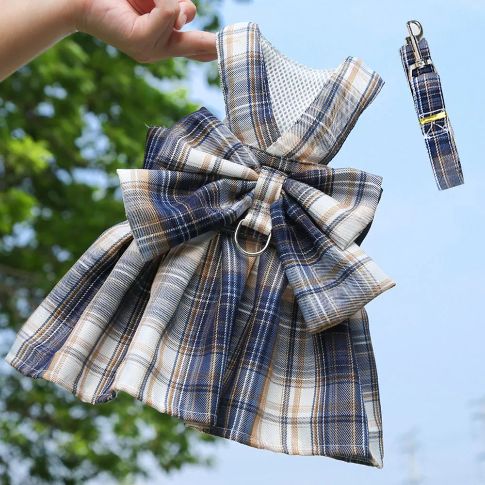 Plaid Dog Dress Bow Tie Harness Leash Set for Small Dogs Cats Girl Cute Princess Dog Dress Puppy Bunny Rabbit Clothes Pet Outfit