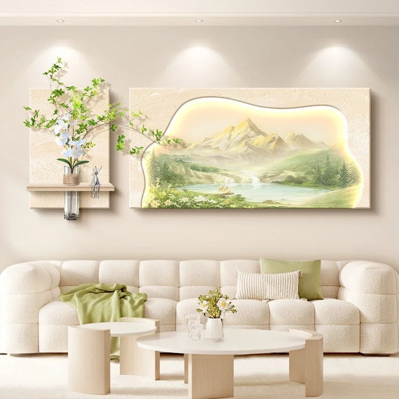 Simple Living Room Decoration Painting Natural Wood Sunshine Sofa Background Wall Hanging Painting High-End Landscape Wall Lamp