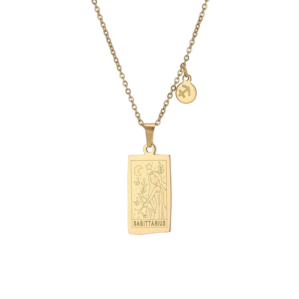 Stainless Steel Square Tarot Card Pendant Women Necklace Twelve Constellations Gold-Plated Clavicle Chain Horoscope Gifts