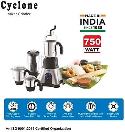 Cyclone 4-Jar Perfect Mixer Grinder Kitchen Grinding Genius 750 Watt Powerful Motor, 3 Variable Speed with Incher, 110V, Silver