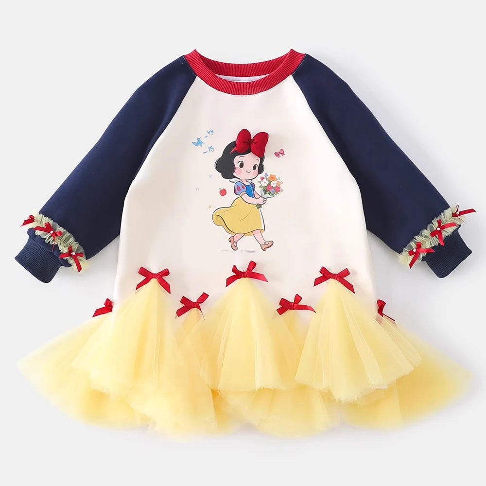 Girl's Fall/Winter Sweatshirt Long Sleeve Princess Elsa Snow White Cartoon Print Tulle Skirt Casual Hoodie Dress 2-12 Years Old