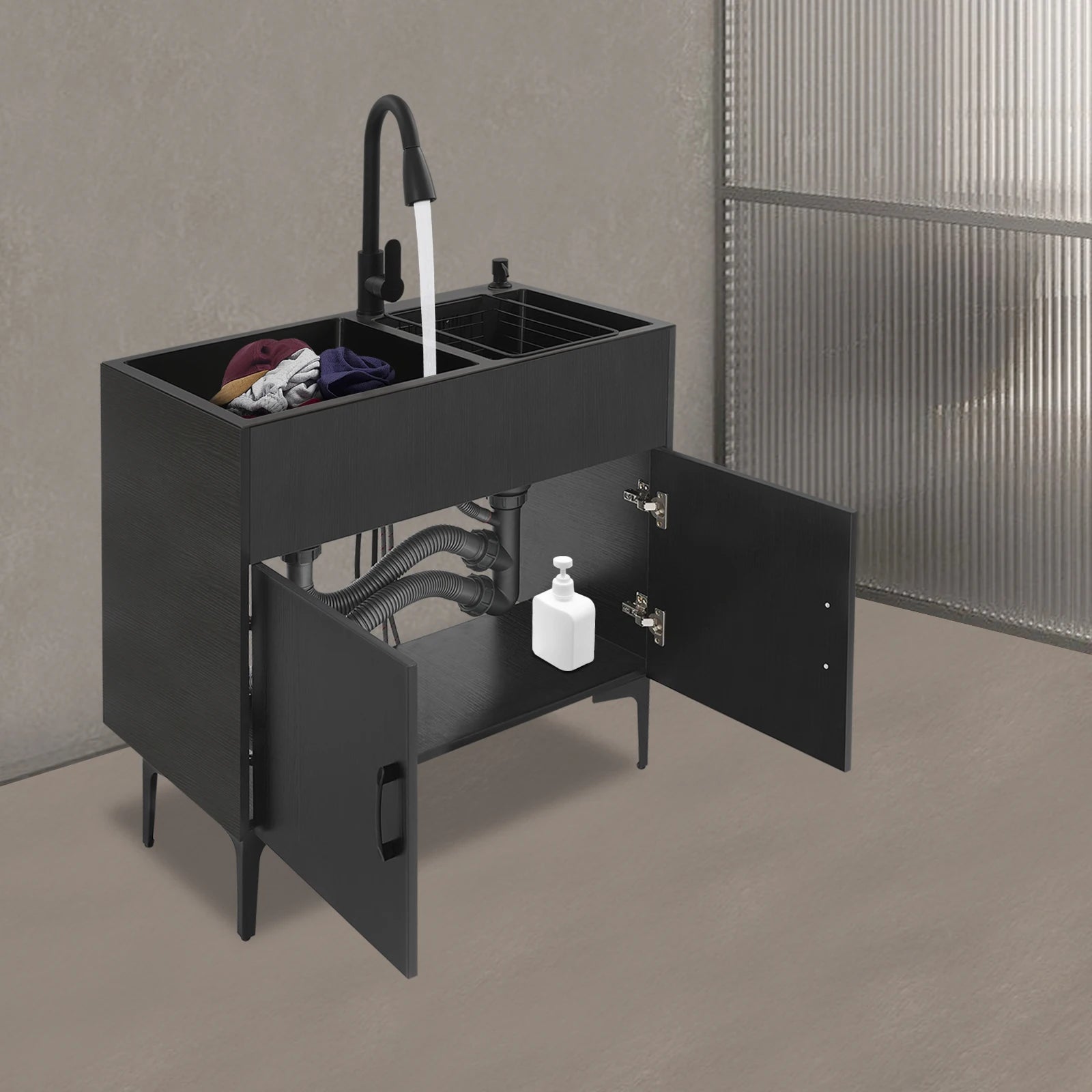 Laundry Sink with Cabinet Sink with Pull-Out Faucet and Cabinet Freestanding Kitchen Sink