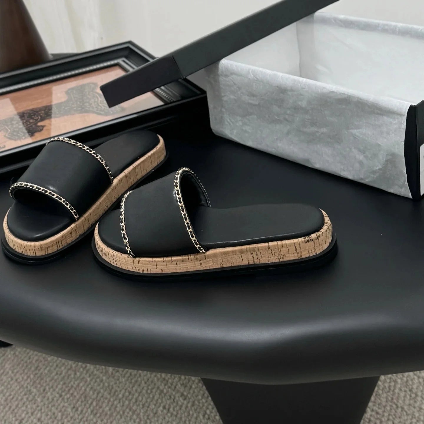 Shoes Women Size34-41 Genuine Leather Flip-Flops Low Heels Slippers Pearl Chain Summer Slides Designer Shoes Zapatillas De Mujer