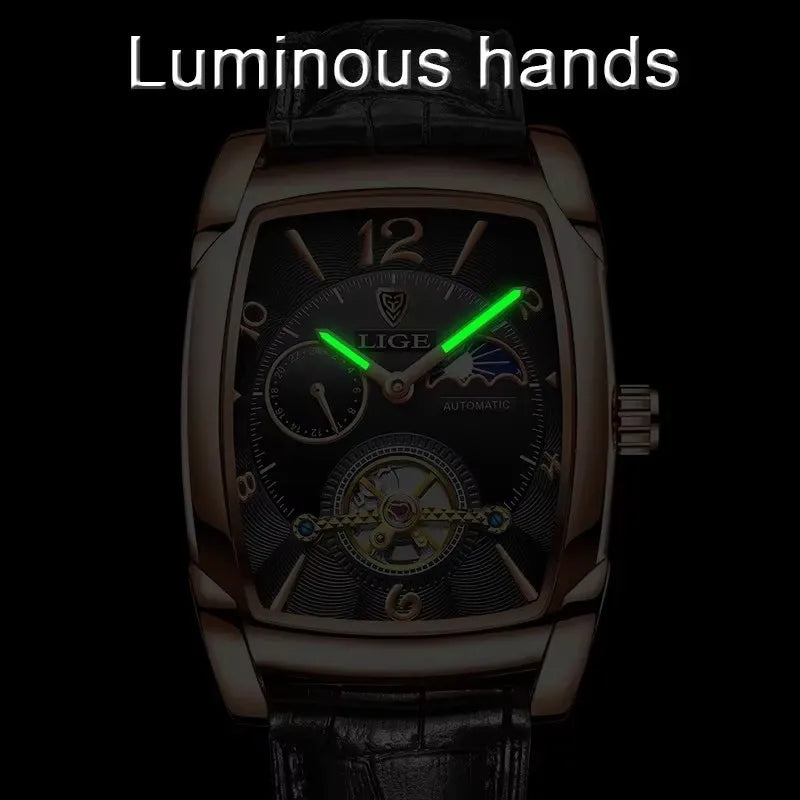 LIGE Top Brand Luxury Mens Watches Square Automatic Watch for Men Tourbillon Clock Genuine Leather Waterproof Mechanical Watch