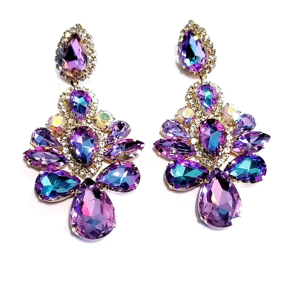Stonefans Purple Crystal Dangle Earrings for Women Studs Wedding Ear Decoration Water Drop Statement Rhinestone Earrings Jewelry