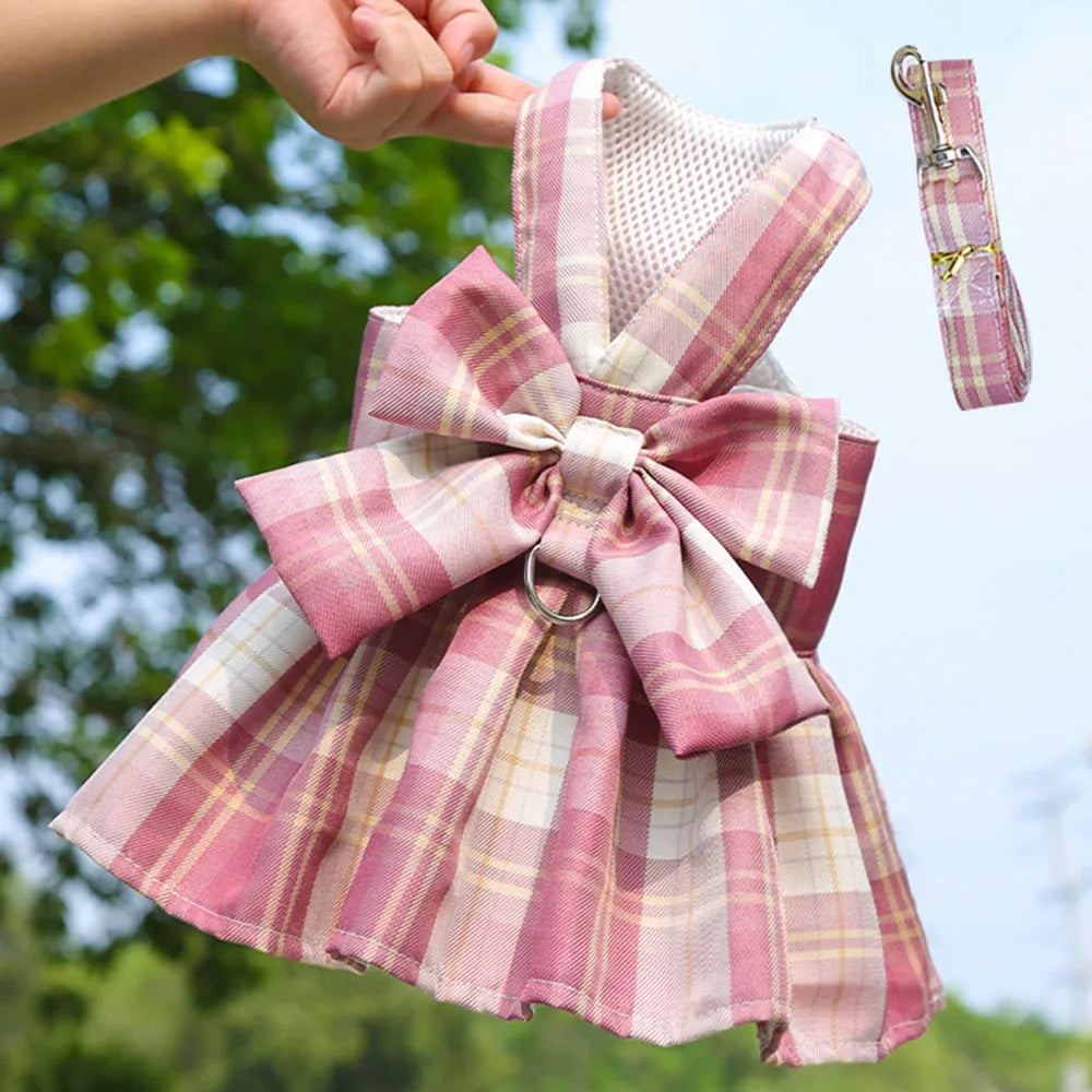 Plaid Dog Dress Bow Tie Harness Leash Set for Small Dogs Cats Girl Cute Princess Dog Dress Puppy Bunny Rabbit Clothes Pet Outfit