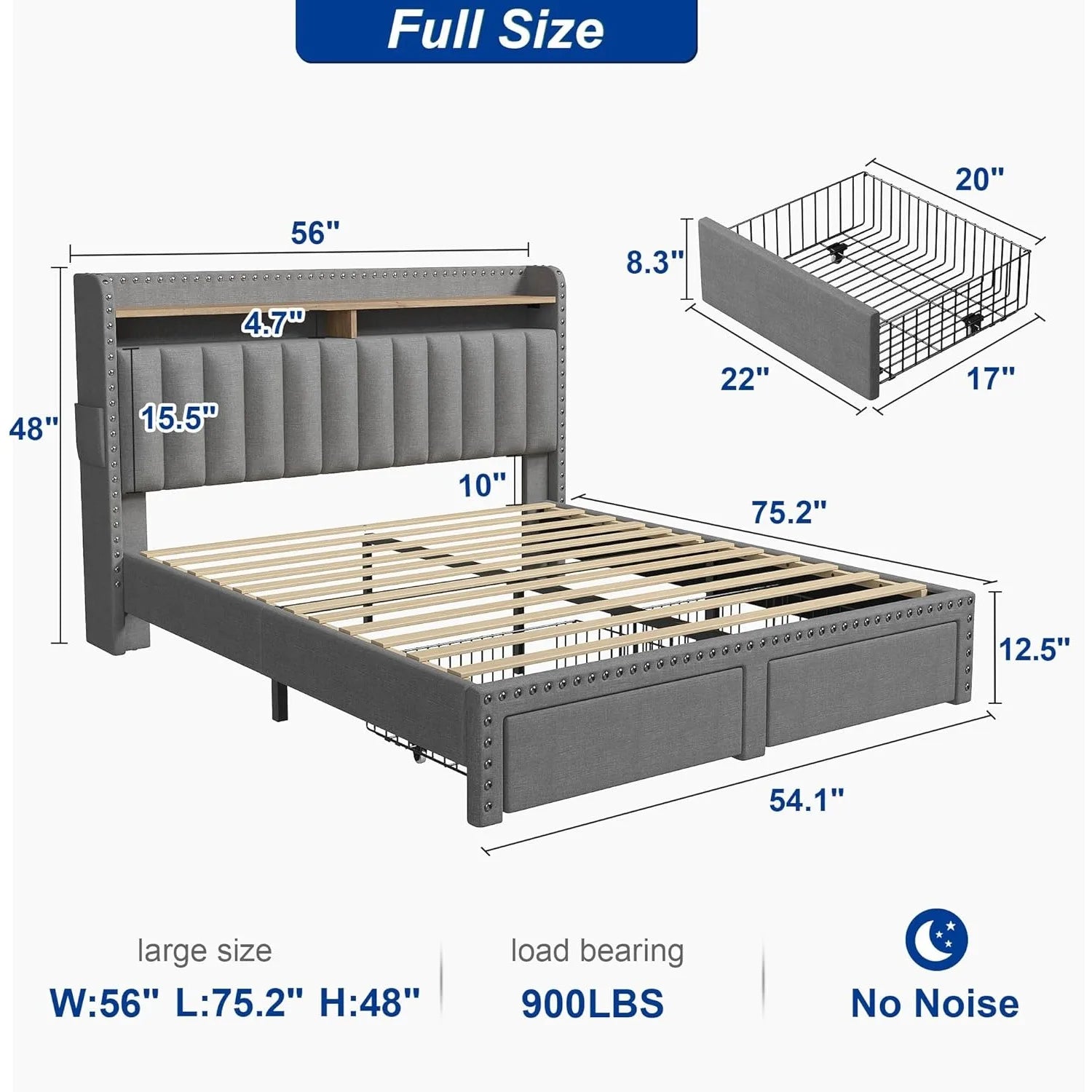 Full size bed frame with headboard and storage space, soft padded full bed frame, gray full bed frame with 2 drawers