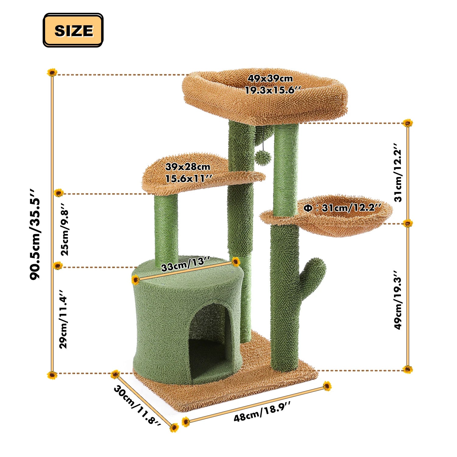 Cactus Multi-Functional Cat Tree Tower with Cozy Cradle,Large Condo, Amusing Furball,Soft Perch,Scratching Post for Indoor Cats