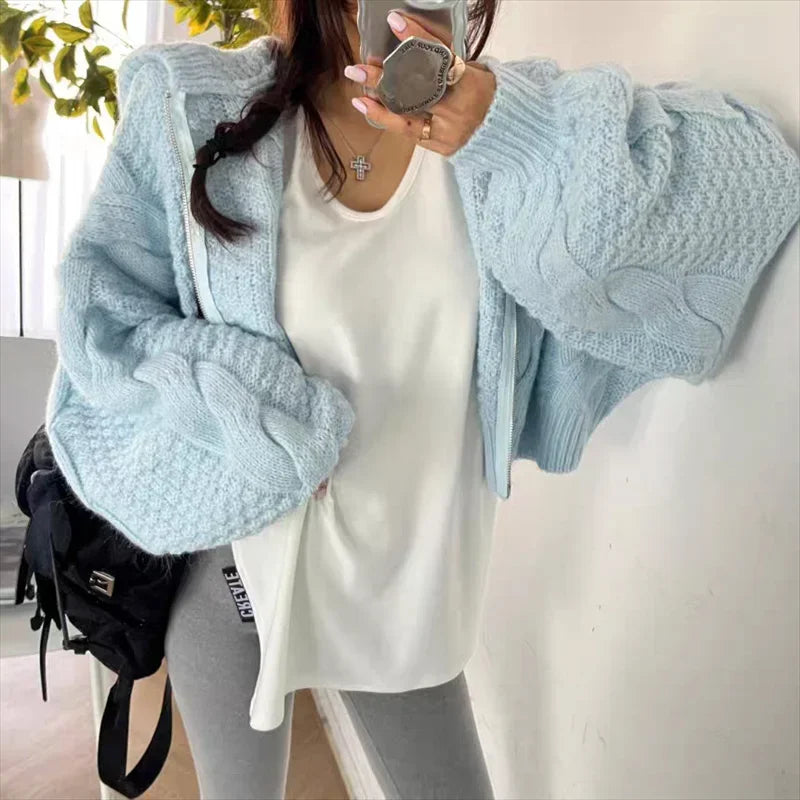 Fashion Hooded Zipper Cardigan Crop Sweater Women Long Sleeve Knitted Casual Short Coats Loose Simple Autumn Winter Clothes