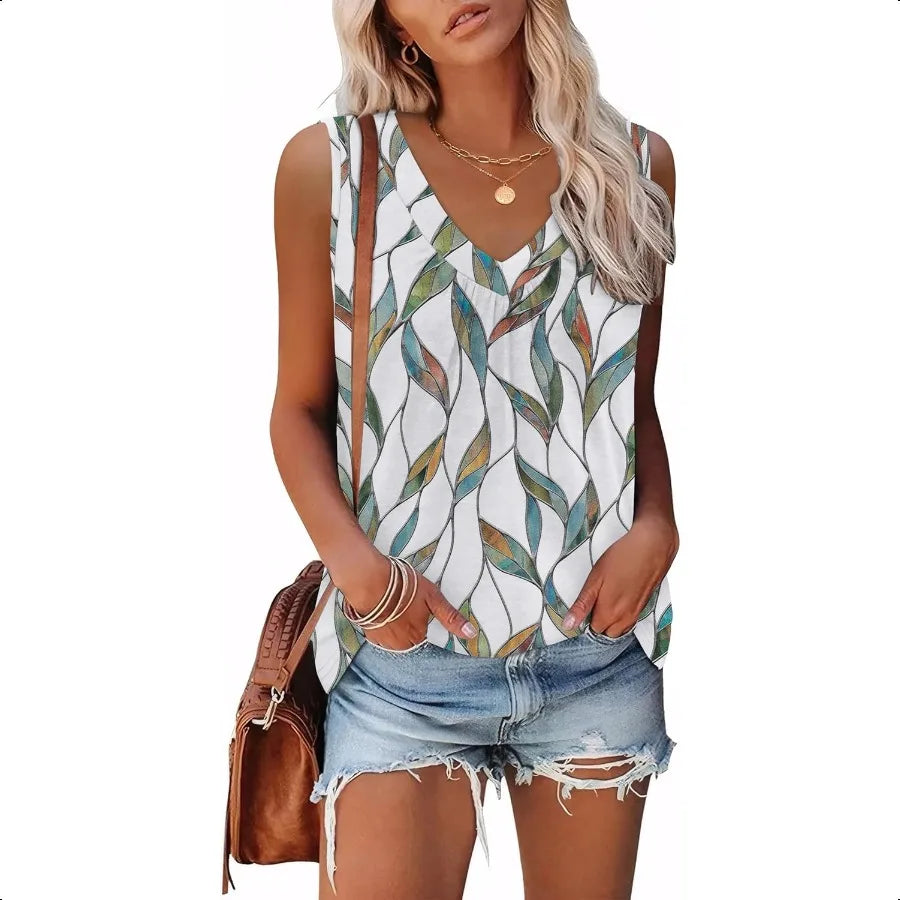 OFEEFAN Tank Top for Women Loose Fit Sleevel Shirts V Neck Summer Clothes Ruched Women's Tees and Tanks Curved Hem