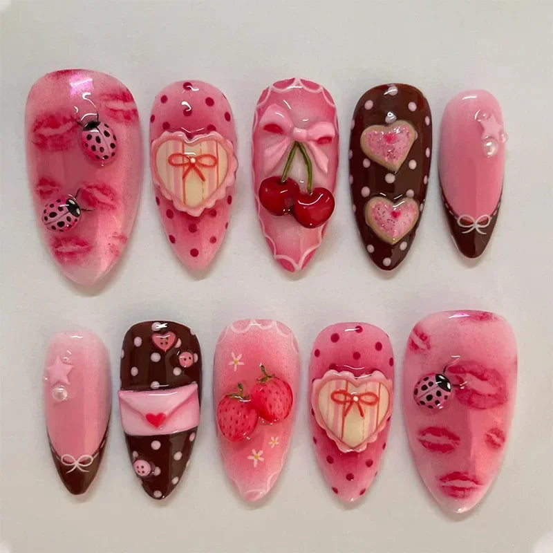 24PCS Summer Colorful Almond False Nail with 3D Flower Beach Paintings Press on Fake Nail Full Cover Wearable Manicure for Women