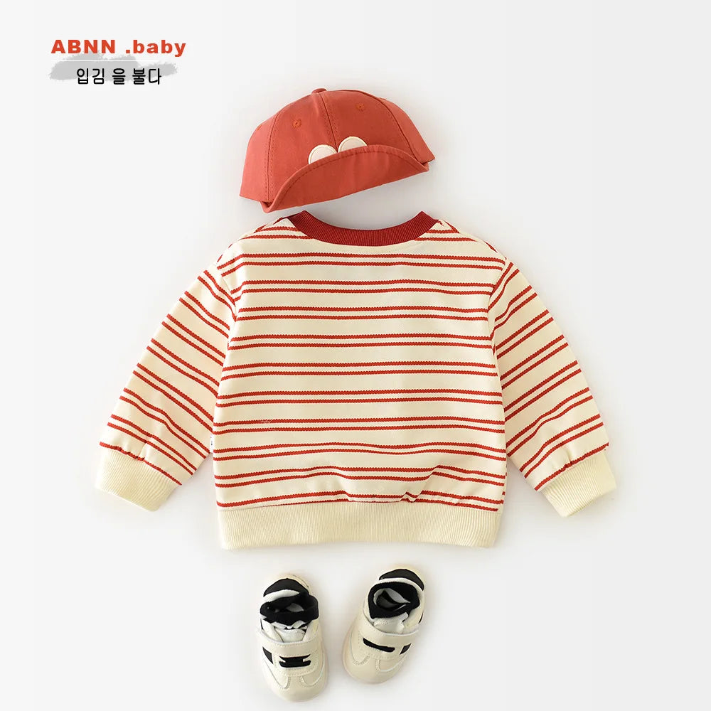 Baby Clothes 2025 Spring And Autumn Clothes New Boys And Girls Red Striped Sweater Letter Pullover Tops
