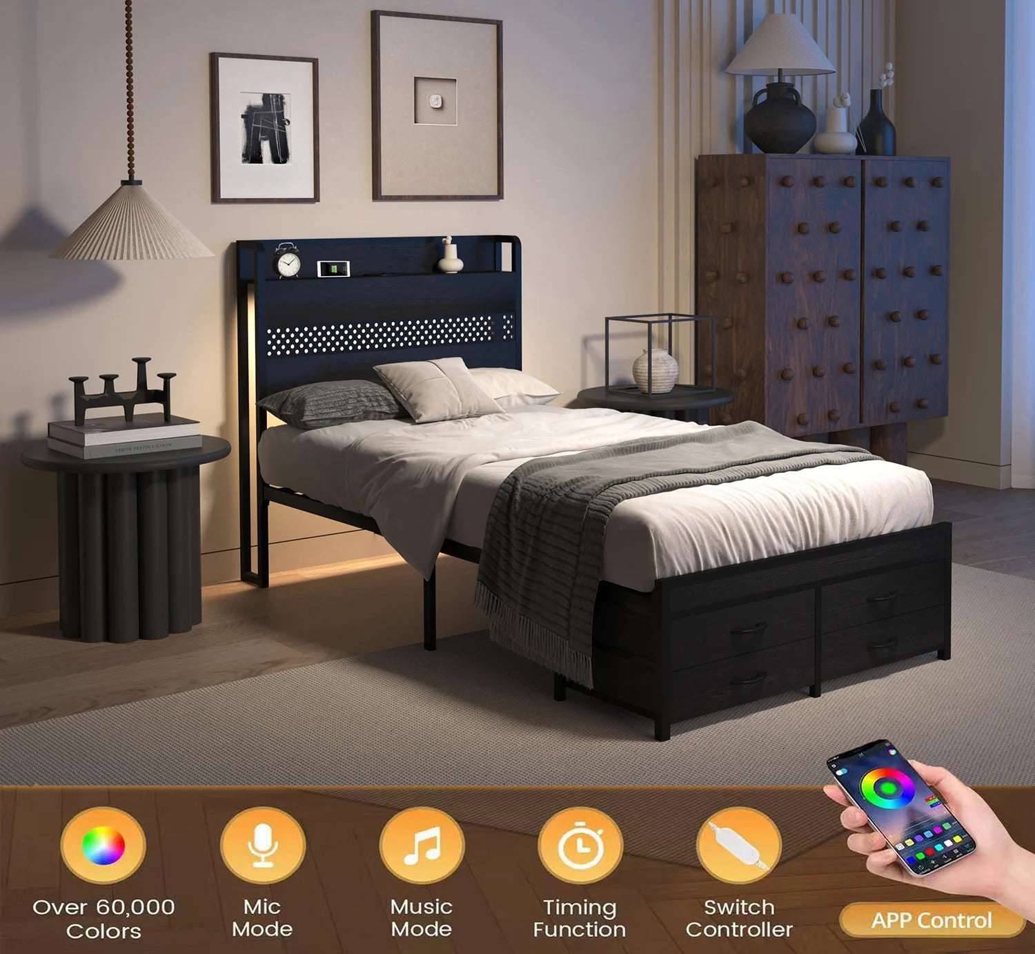 100cm Single Bed Frame Platform Bed w/ Storage Headboard, 4 Under-bed Drawers, Charging Station & LED Light, Smart LED Bed Frame