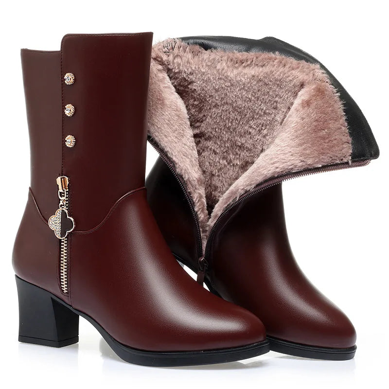 Winter Padded Cotton Shoes Women Plush Soft Leather Long Boot Warm High-heel Fur High Knee Riding Mid-heel Boots Comfortable