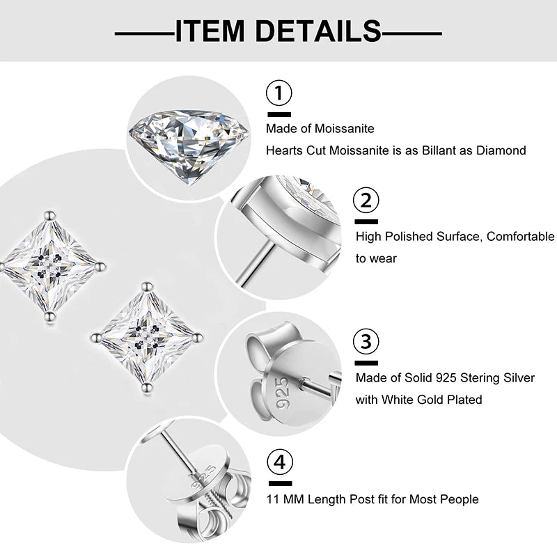 Princess Cut 1-2.4 Ct Moissanite Earrings for Women Men 925 Sterling Silver Sparkling Diamond Ear Studs Fine Party Jewelry Gifts