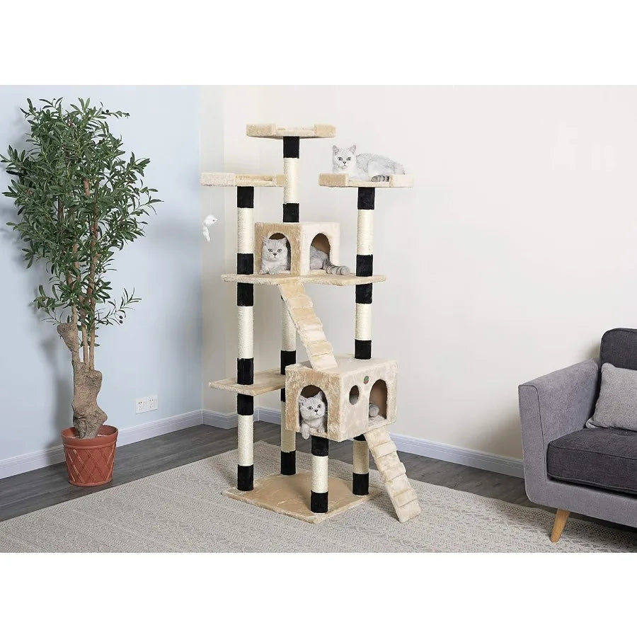 72 Tall Cat Tree Tower with Multiple Cat Condos for Indoor Cats Large Interactive Play Scratch Hide and Climb Activity Furnitur