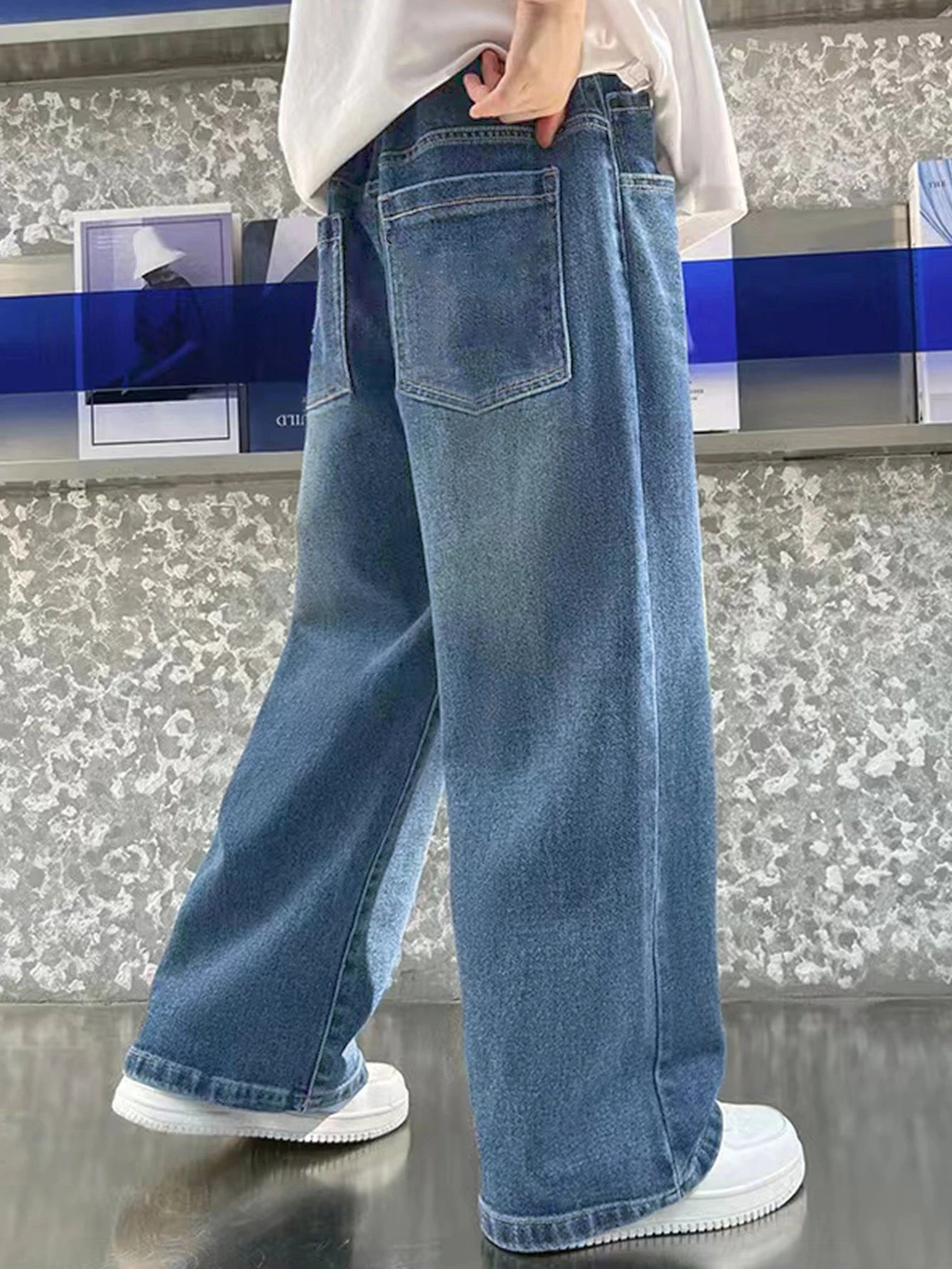 Loose vintage washed preppy-style straight-leg casual wide-leg long jeans for teenage boys
