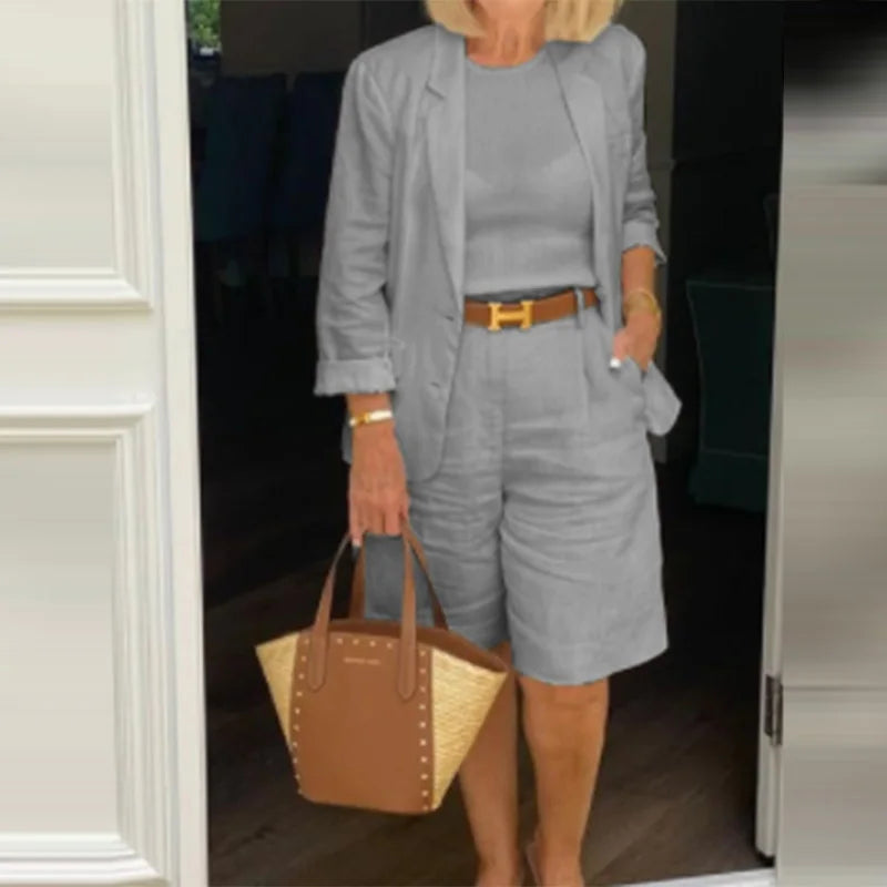 Women's suit two-piece set 2025 spring new women's fashion casual commuting solid color cardigan top shorts two-piece set