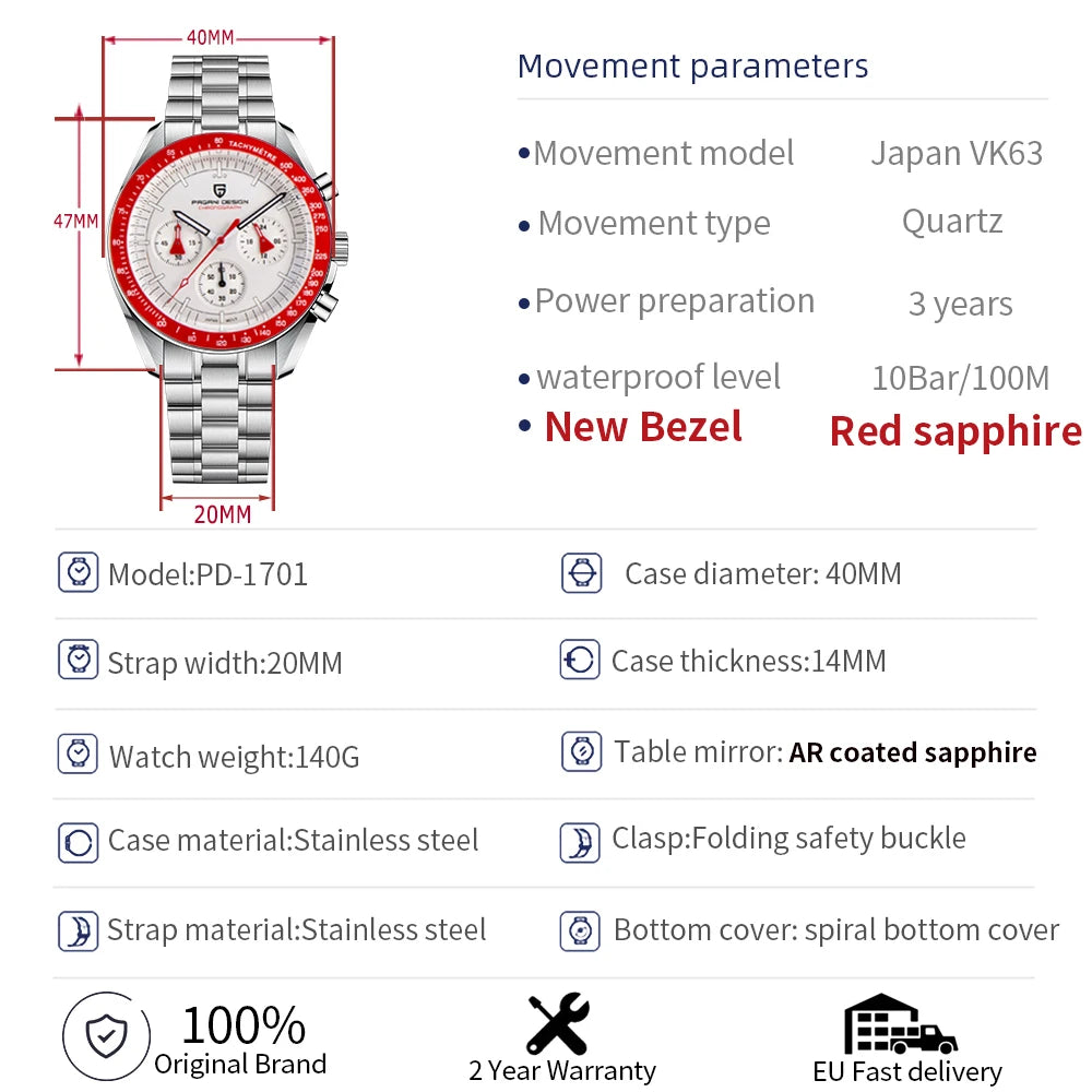 PAGANI DESIGN New Men’s Watch Chronometer Sapphire Mirror Red Quartz Watch For Men Waterproof Luminous Relogio Masculino 2025