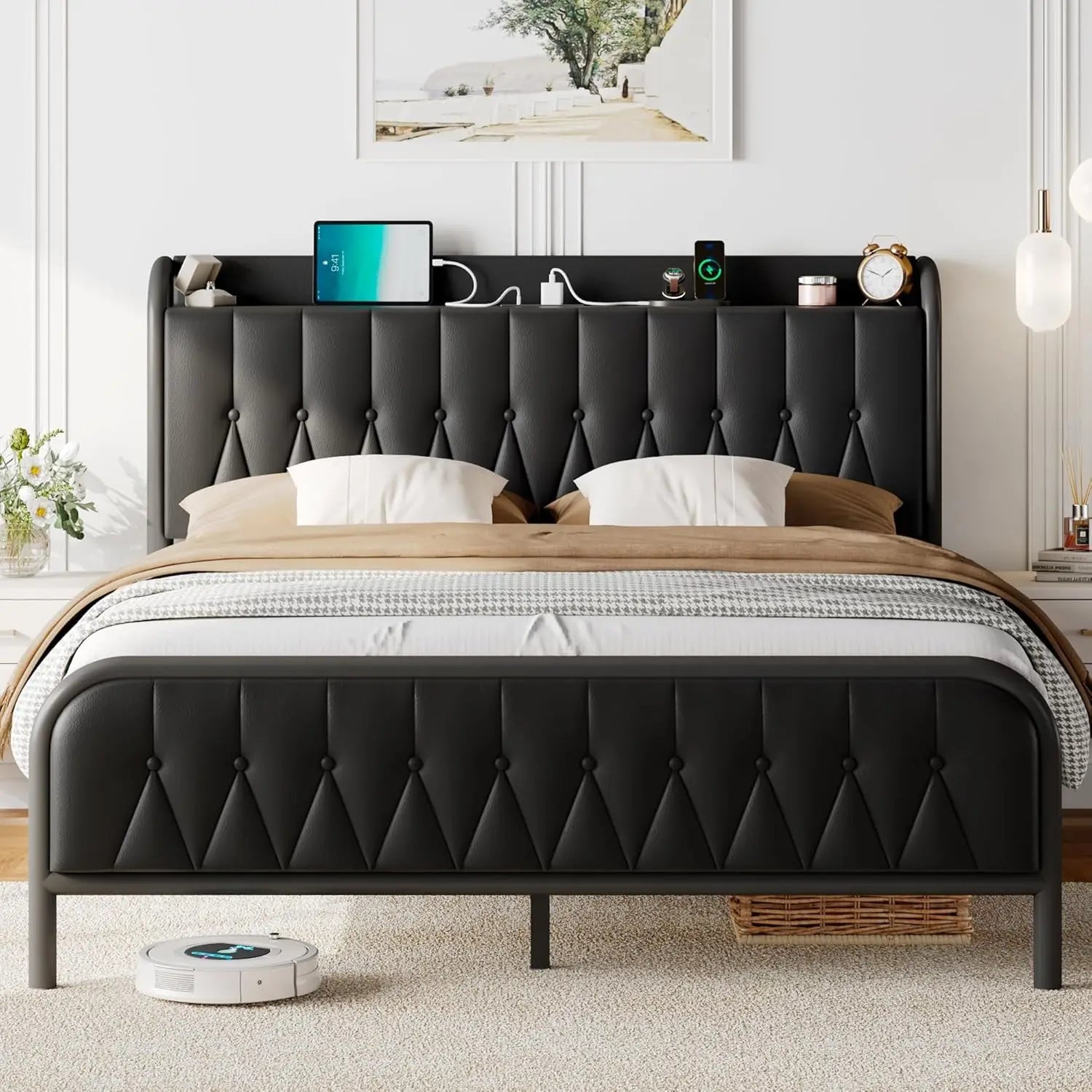 full-king Size Bed Frame with Fast Charging Station, 12" Underbed Storage Space, Easy Assembly, Noise-Free, Queen Bed Frame