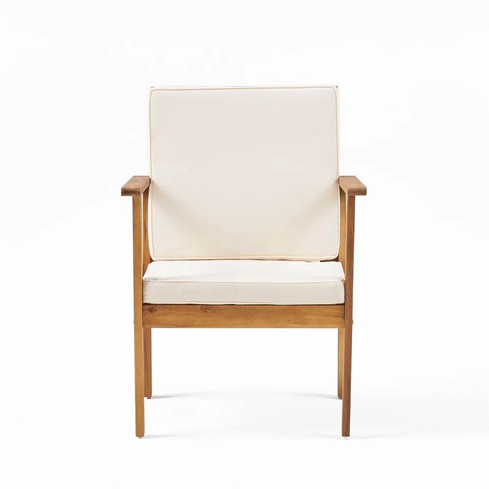 Outdoor Patio Furniture Set 2 Wooden Armchairs with White Cushions + 1 Teak CoffeeTable for Garden Backyard & Balcony Relaxation