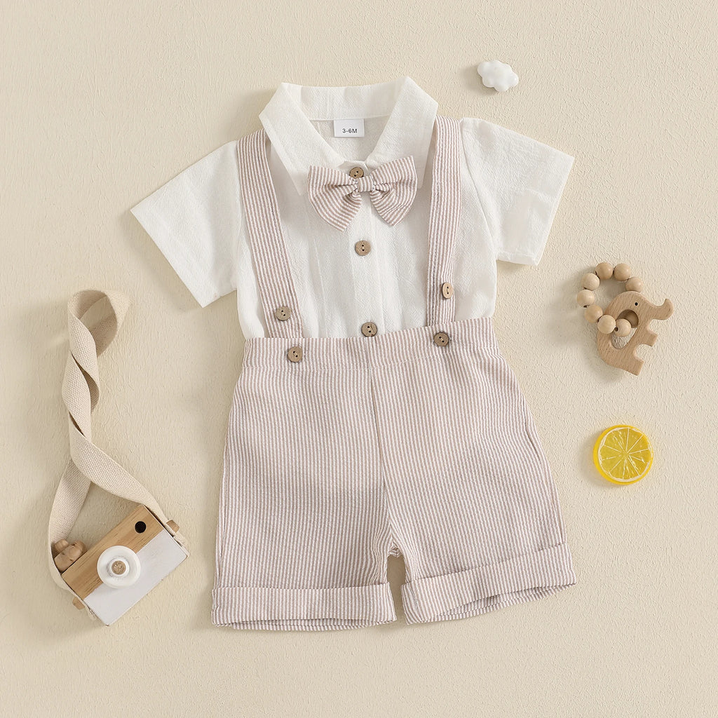 Baby Boy Gentleman Outfit Solid Color Short Sleeve Lapel Neck Romper with Stripe Suspender Shorts Bowtie Boys Summer Clothes