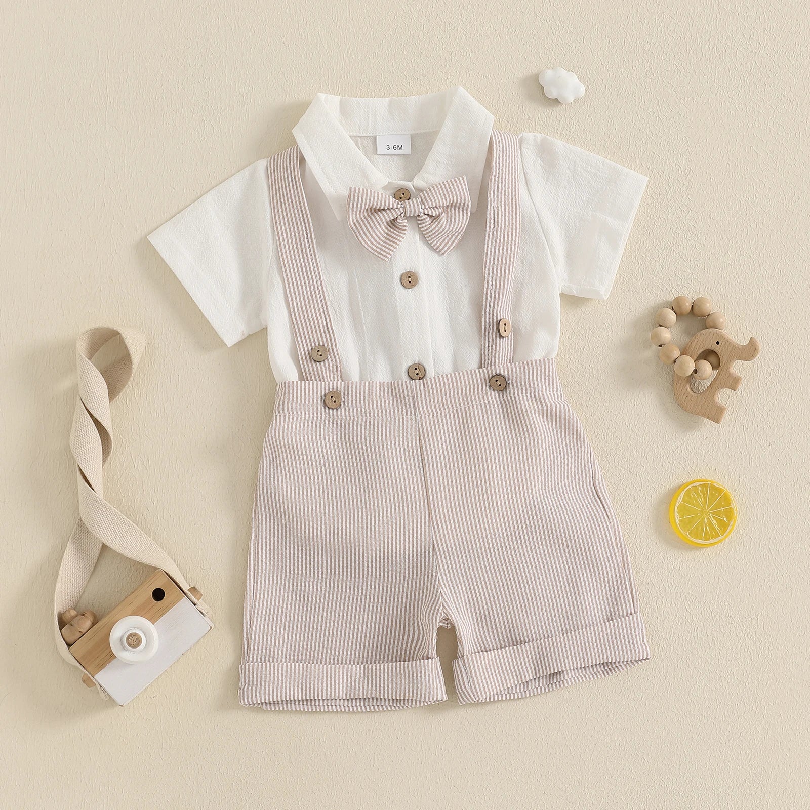 Baby Boy Gentleman Outfit Solid Color Short Sleeve Lapel Neck Romper with Stripe Suspender Shorts Bowtie Boys Summer Clothes