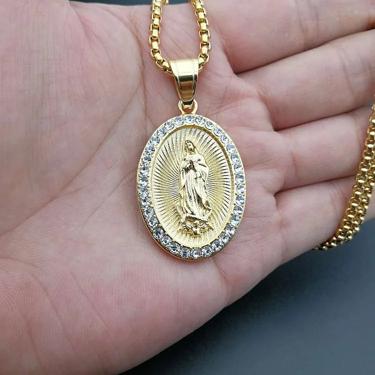 Virgin Mary Prayer Pendant Necklaces Gold color 316L Stainless Steel with rhinestone Women/Men Jewelry