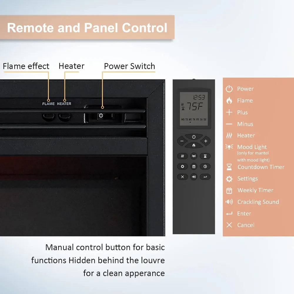 LegendFlame Jaden 36 Electric Fireplace Insert, 22 Tall, with Front Trim, Fire Crackling Sound, 750W/1500W Heater, Remote Contro