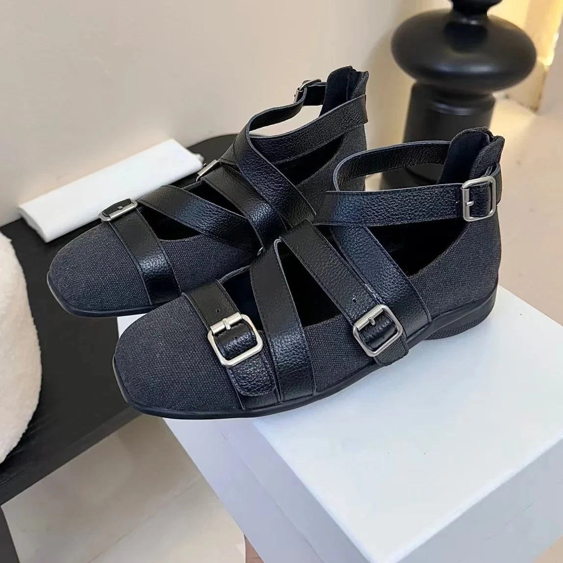 2025 Newest Retro Real Leather Square-Toe Flat Heel Ballet Dance Shoes Buckle-Strap Mary Janes Gladiator Sandals Bota Feminina