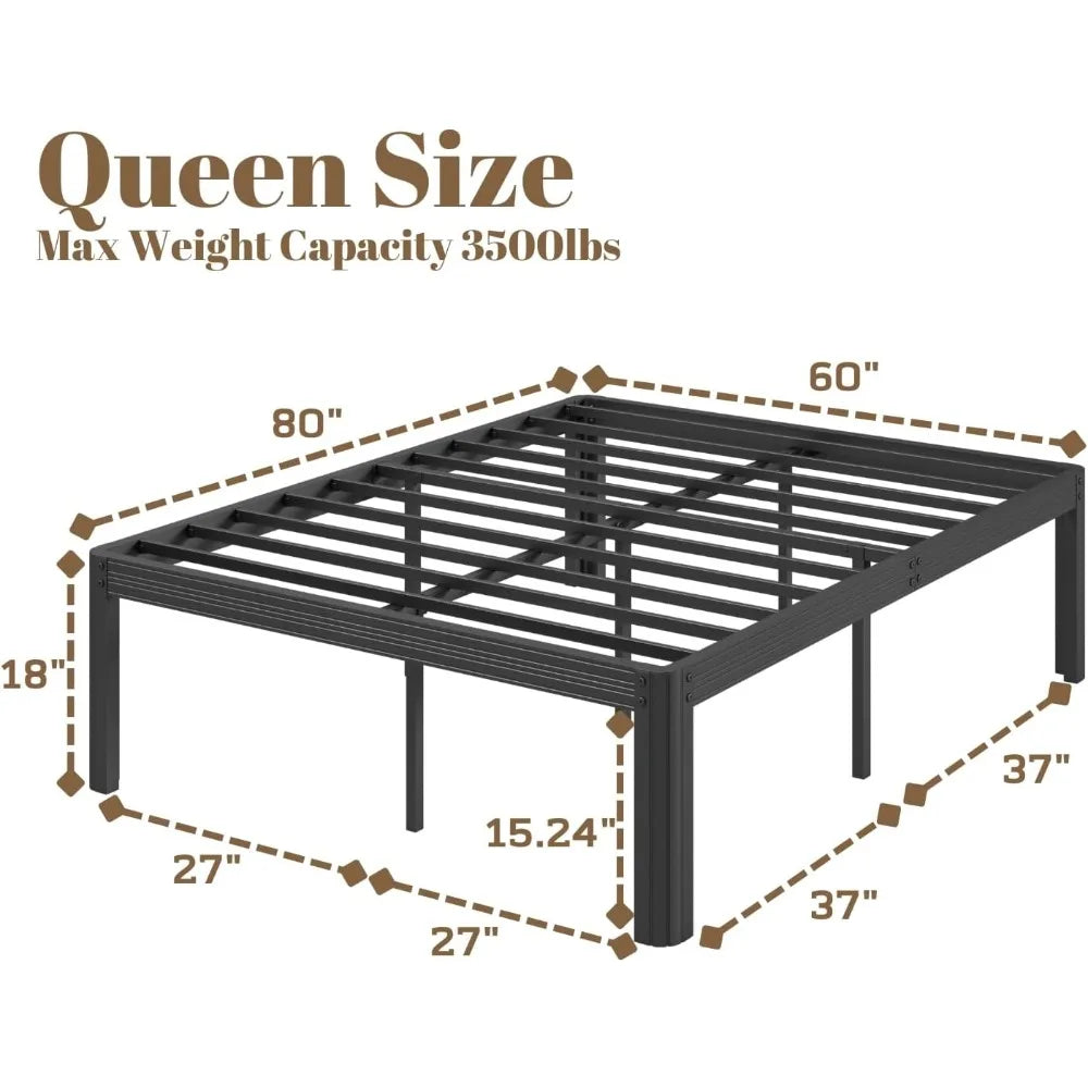 18 Inch Heavy Duty Queen Bed Frame No Box Spring Needed, 3500lbs Weight Capacity Metal Bed Frame Queen Size, Reinforced Metal, E