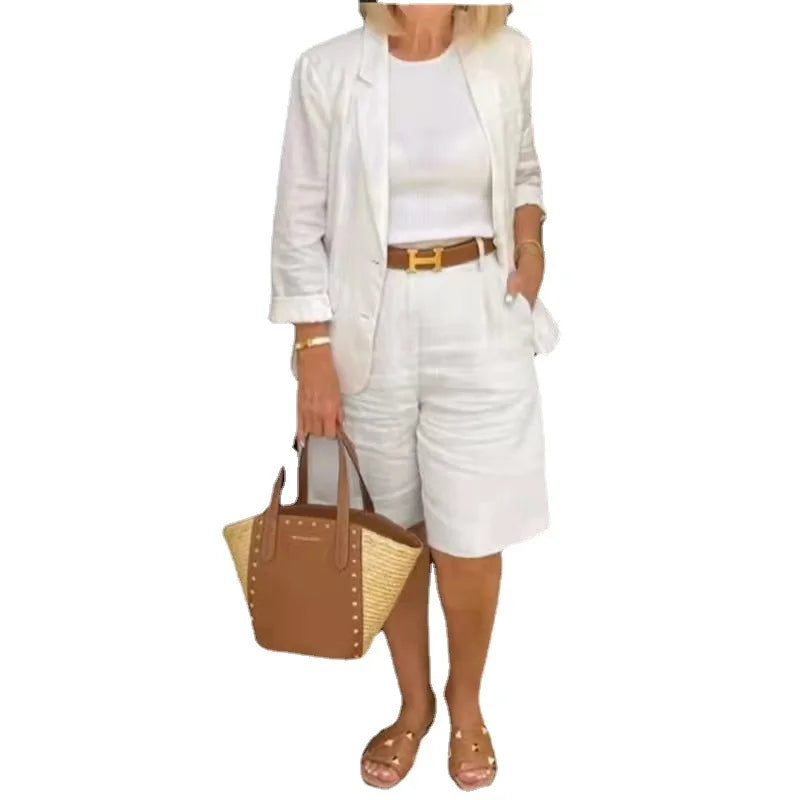 Women's suit two-piece set 2025 spring new women's fashion casual commuting solid color cardigan top shorts two-piece set