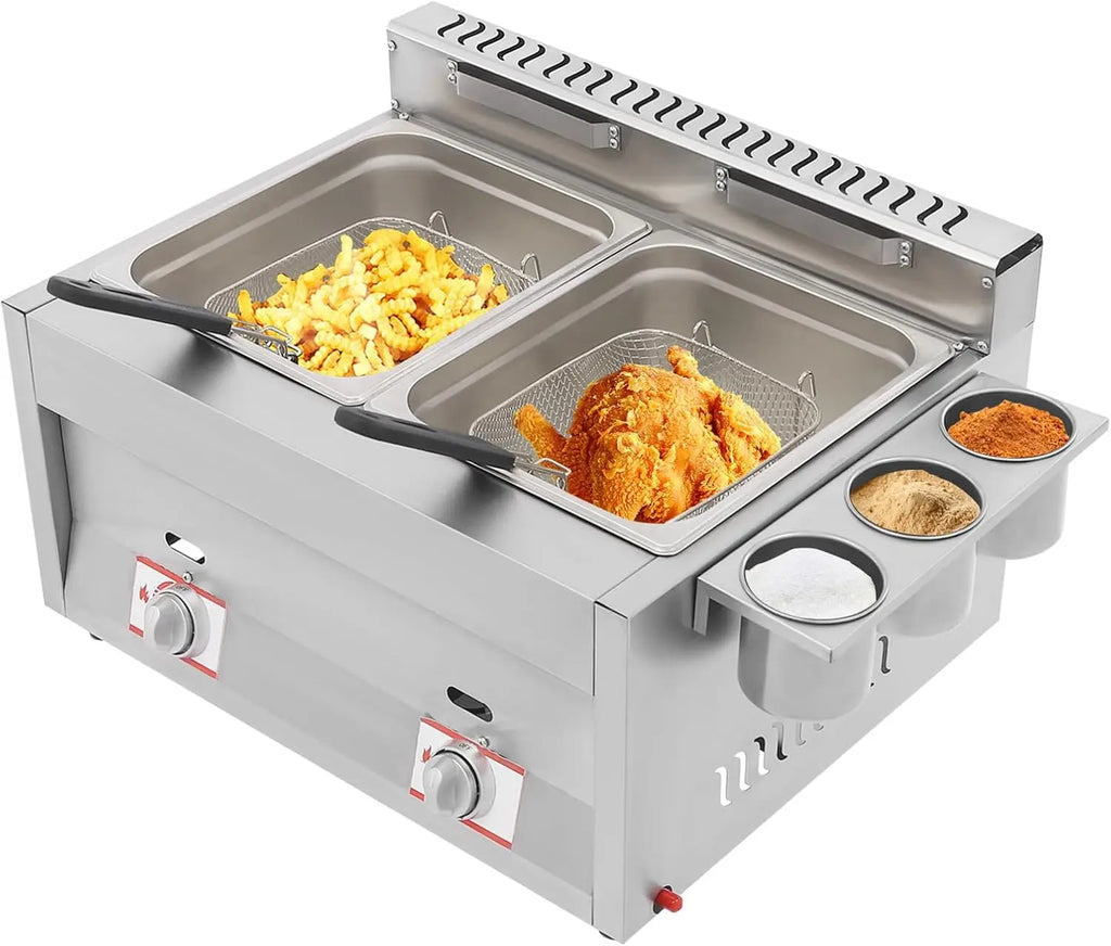 Commercial Gas Deep Fryer, 12L Stainless Steel Countertop Oil Fryer Dual Tank Kitchen Fat Fryer with Removable Baskets & Seasoni