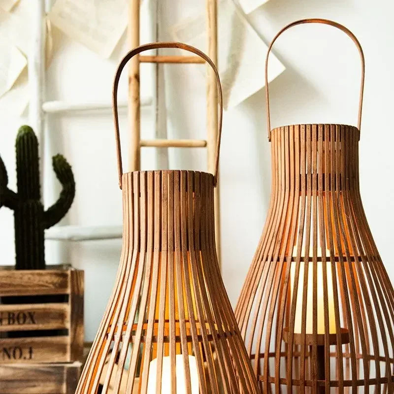 Vintage Wood Floor Candlestick Natural Bamboo Lantern Room Garden Hall Candle Holders Nordic Home Decoration Accessories Cage