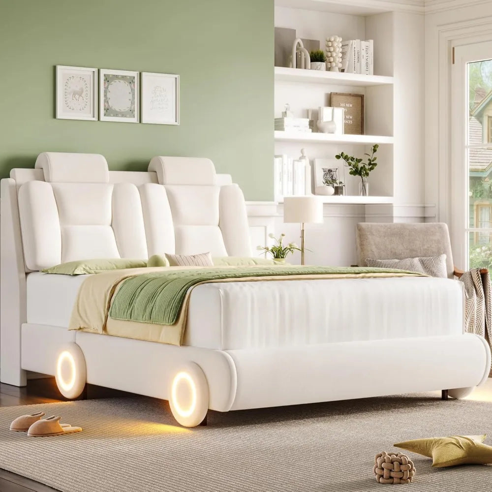 Queen Upholstered Led Bed Frame with Wheels Decor & Adjustable Curved Headboard Modern Car-Shaped Platform Bed with Detachable P