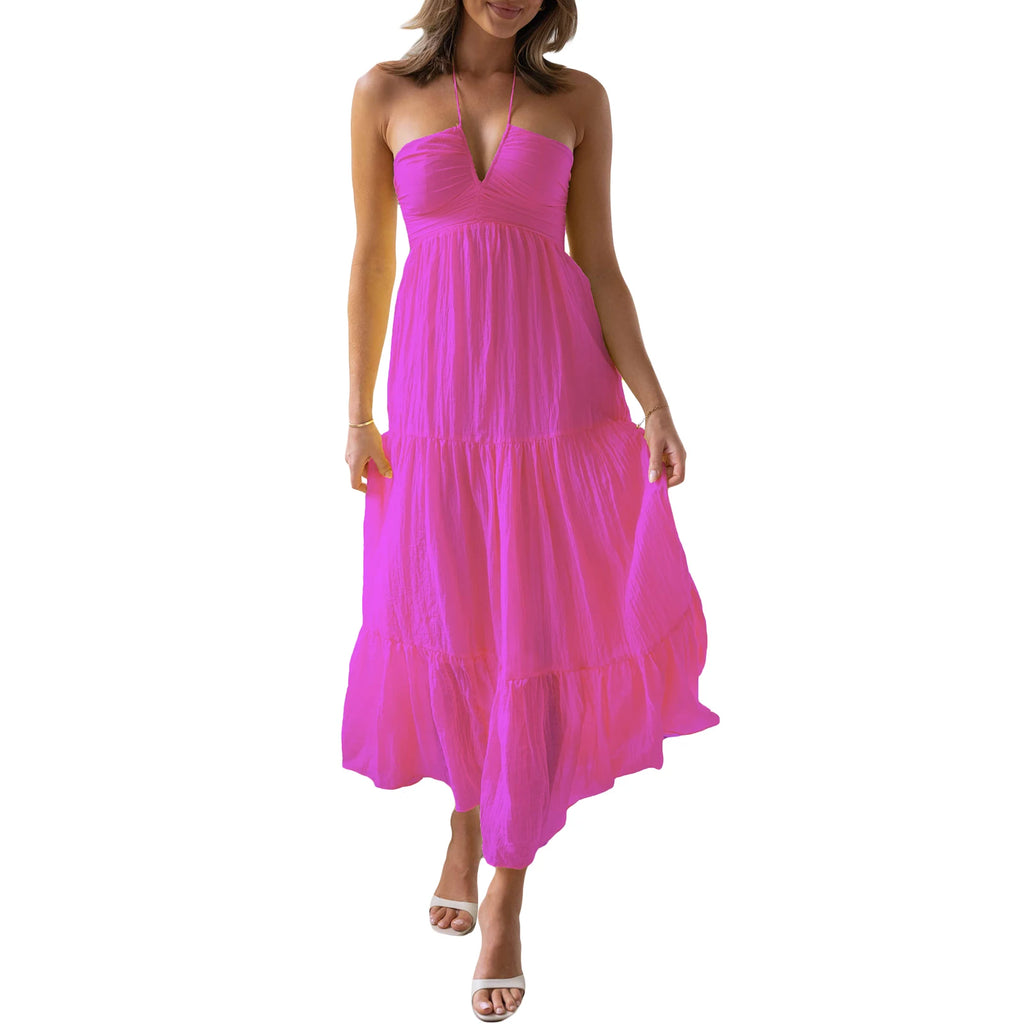 Elegant Sleeveless Maxi Dress with Halter Neckline and Backless Design Perfect for Summer Beach Parties and Casual Events