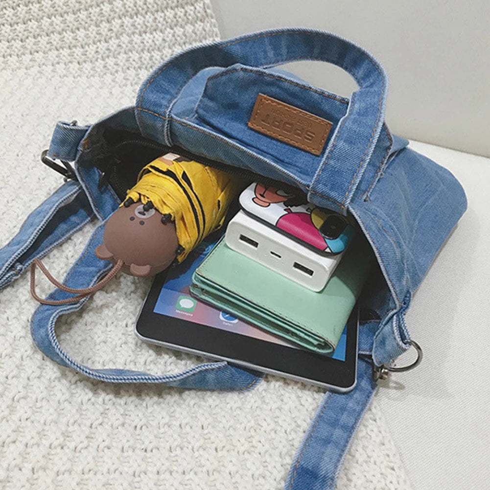 Women Crossbody Bag Denim Shopper Shoulder Handbag Large Capacity Adjustable Straps Zipper Closure for Beach Shopping School