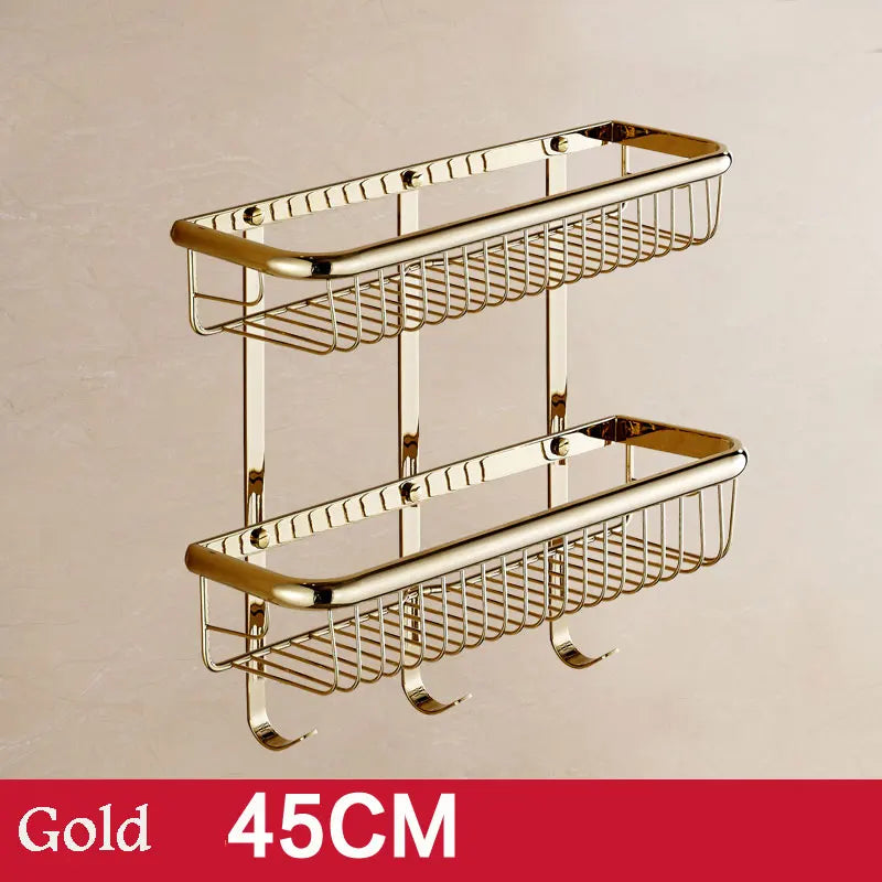 BAKALA Brass Bathroom Shelves With Robe Hook 2-Tier Bathroom Storage Basket Wall Mount Bathroom Shelf BR-6
