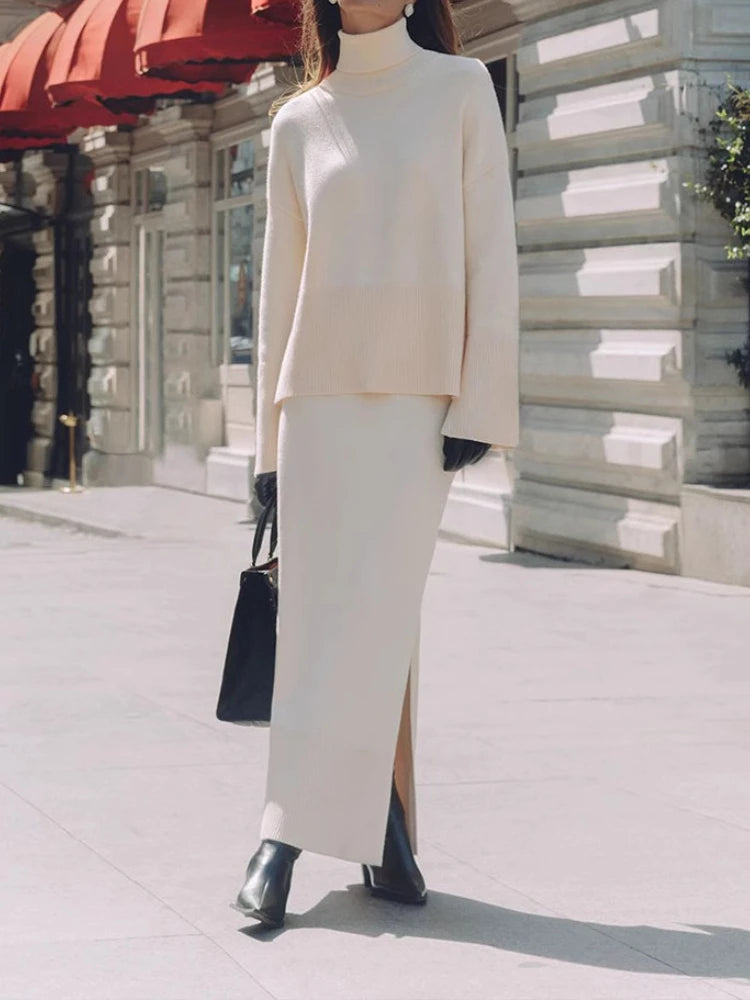 Knitted Sweater Set for Women Fashion 2025 Autumn and Winter New Arrival Elegant Loose Solid Color Sweater Open Front Skirt Set
